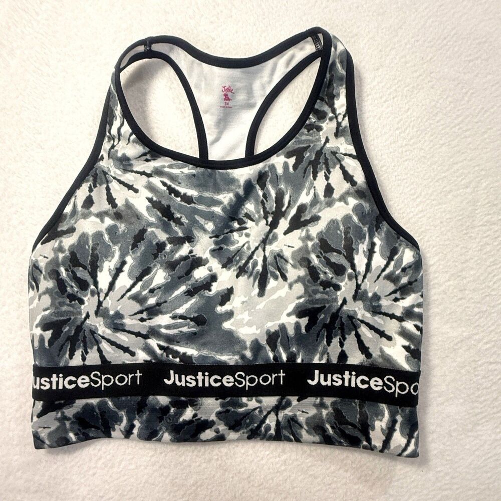 Justice Oh So Soft Sports Bra Size 34 Tie Dye Black White